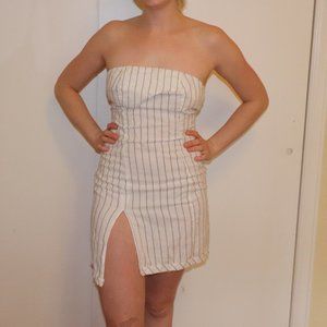 White Striped Strapless Linen Mini Dress